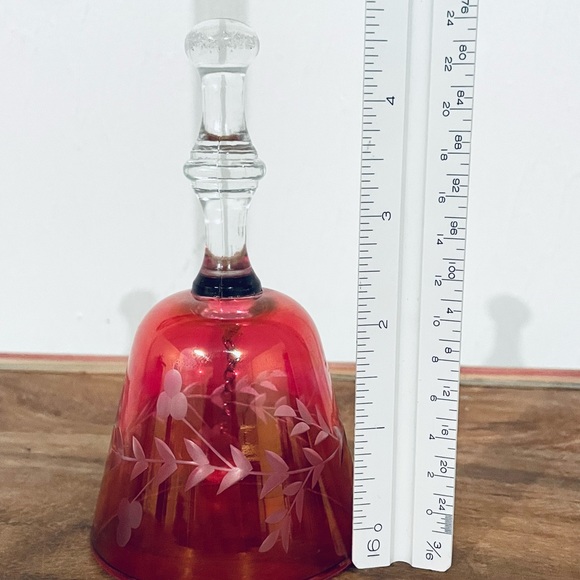Vintage Dinner Bell Cranberry Ruby Red Etched Floral Glass - Picture 3 of 12